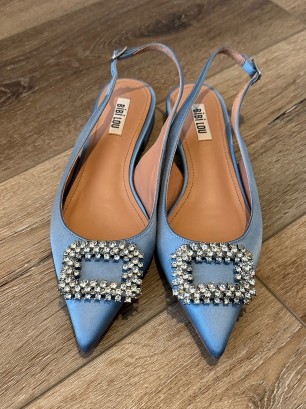Blue Satin Pointed Slingback Flats with Crystal Buckle